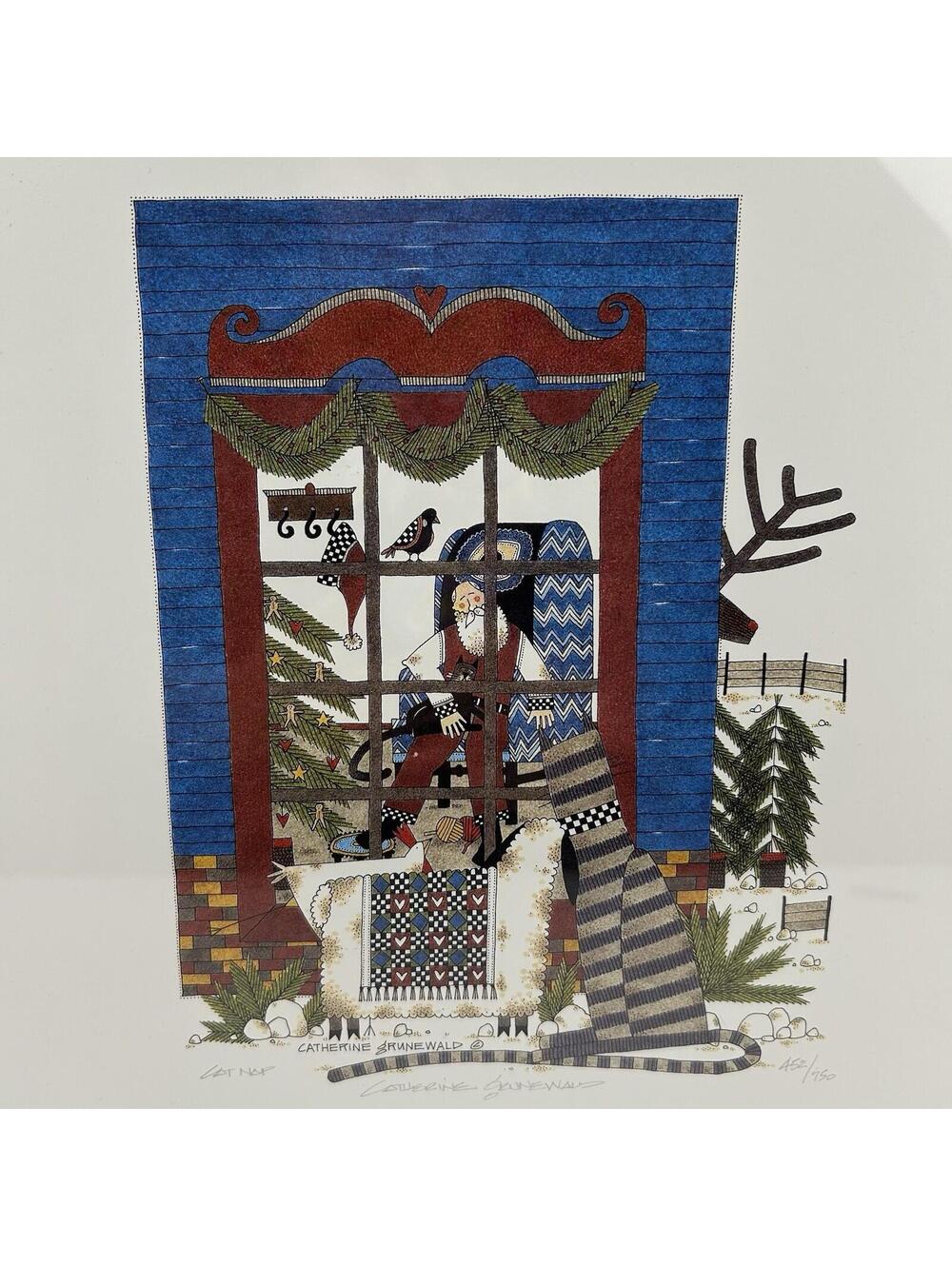 Catherine Grunewald "Cat Nap" Signed Numbered Lithograph 452/750 Folk Art 1990